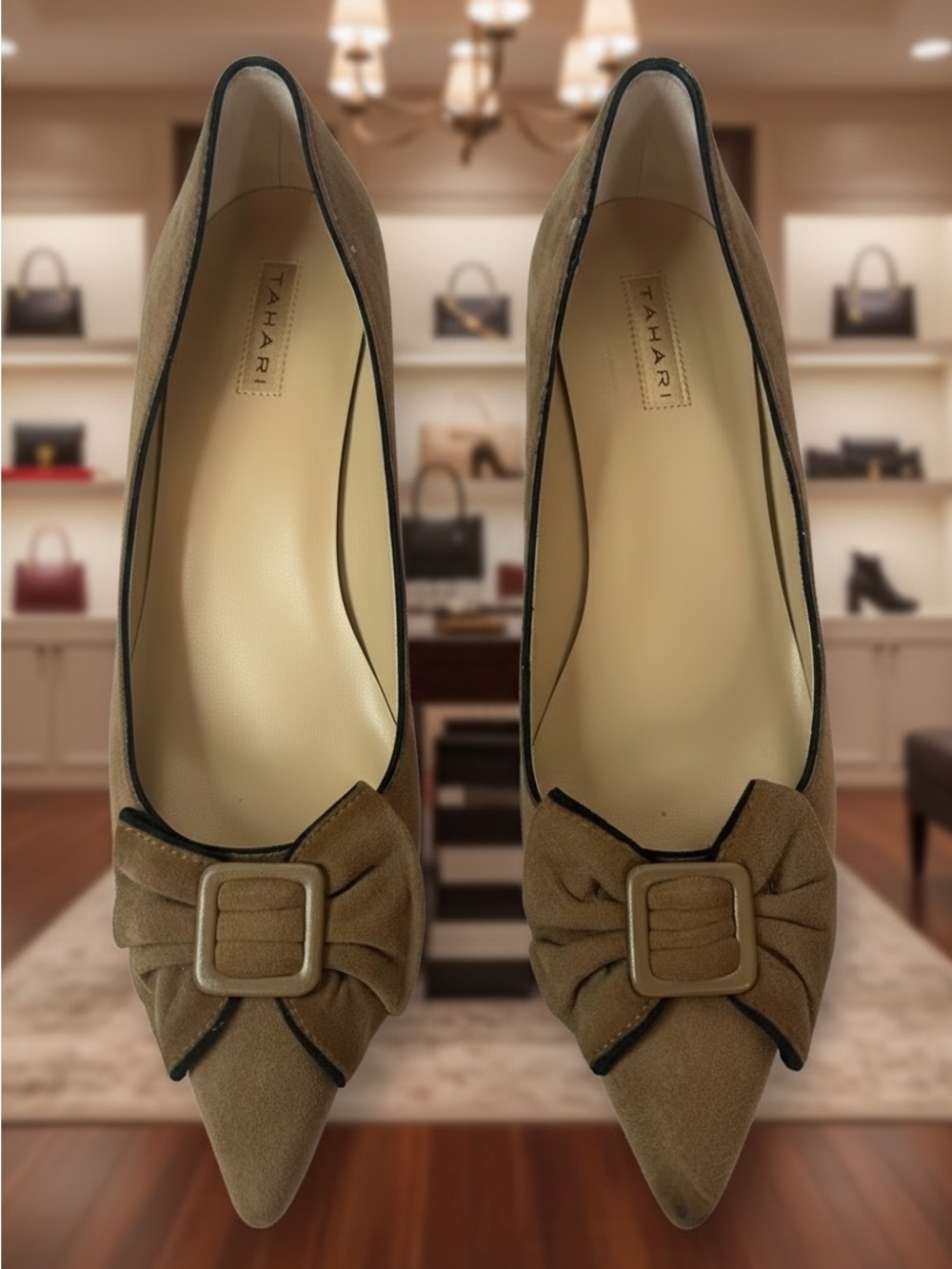 Tahari Morgan toast & black Suede Pointed kitten heel with Buckle Accent